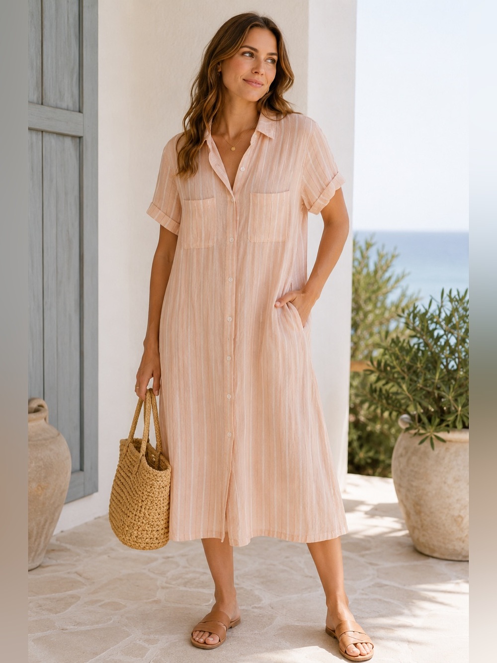 Knot Sisters Blush Pink Linen Blend Striped Button Front Midi Shirt Dress Large